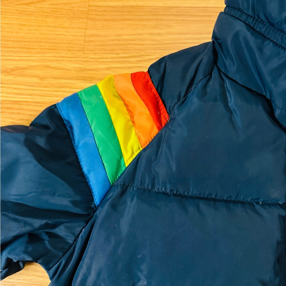 Vintage 70s Prime North Navy Blue Rainbow Stripe Ski Winter Down Jacket VGUC Sm - Picture 7 of 16